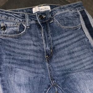 Kancan dark Wash denim women’s jeans with fabric stripe down each leg